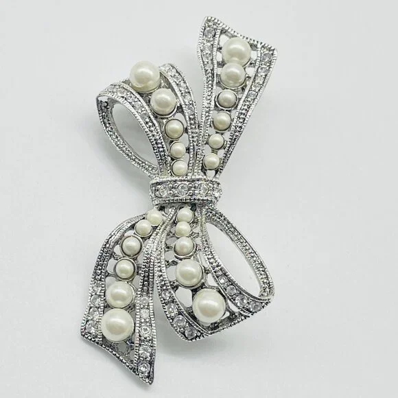 Vintage MONET Silver Tone Bow Brooch Faux Pearl Rhinestone Signed June Birthday - Picture 2 of 7